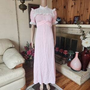 Vtg 70s Pink Prairie Maxi Dress | Cottagecore Lace Empire Gown S/M